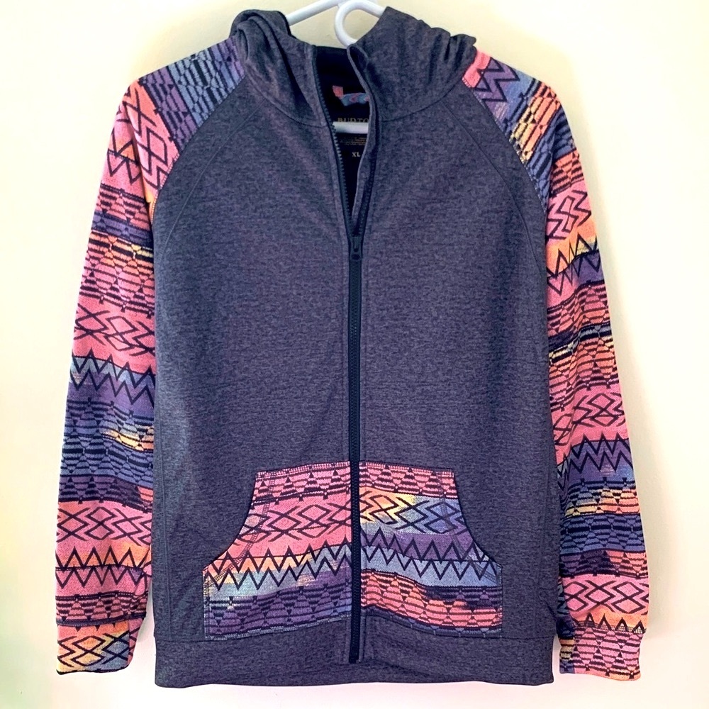 Burton Girls Charcoal Hooded Zip Sweatjacket with Multicolor Aztec Sleeves